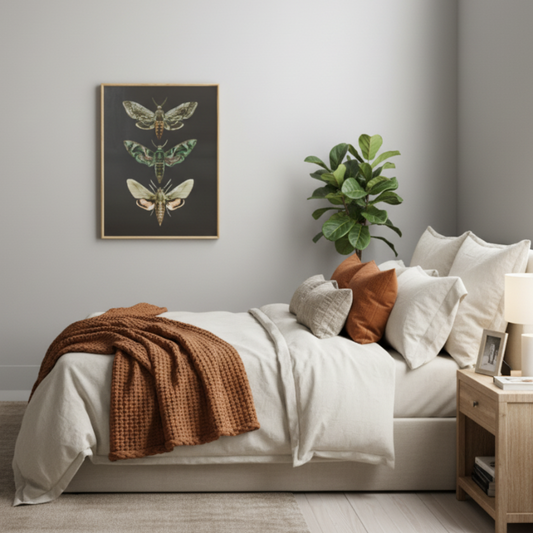 Wooden bench with a plant and framed artwork on a gray wall
