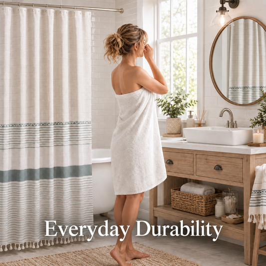 Cortina de Ducha Estilo Lino Boho con Ganchos – Juego de Baño Estilo Rústico