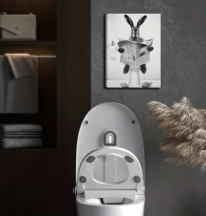 Black & White Annoyed Bathroom Rabbit Canvas Wall Art.