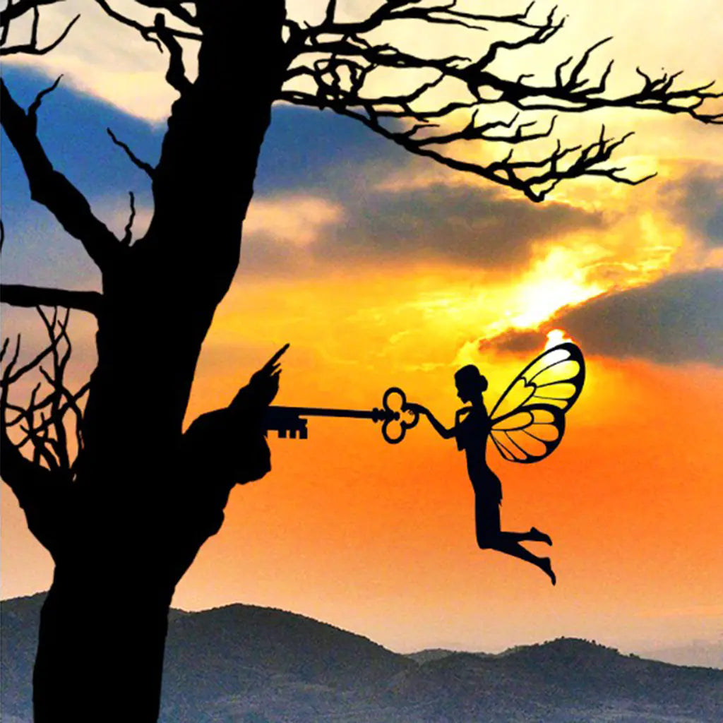 Enchanting Iron Fairy wall art for gardens, patios, or outdoor décor.