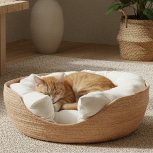 Japanese Style Woven Small Pet Bed – Breathable Comfort, Timeless Look