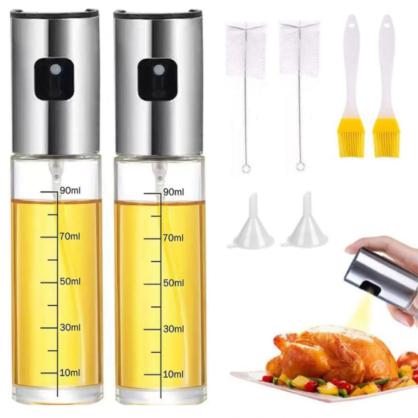 Stainless Steel Mess-free Cooking Oil Spray Bottle w/Brush & Funnel