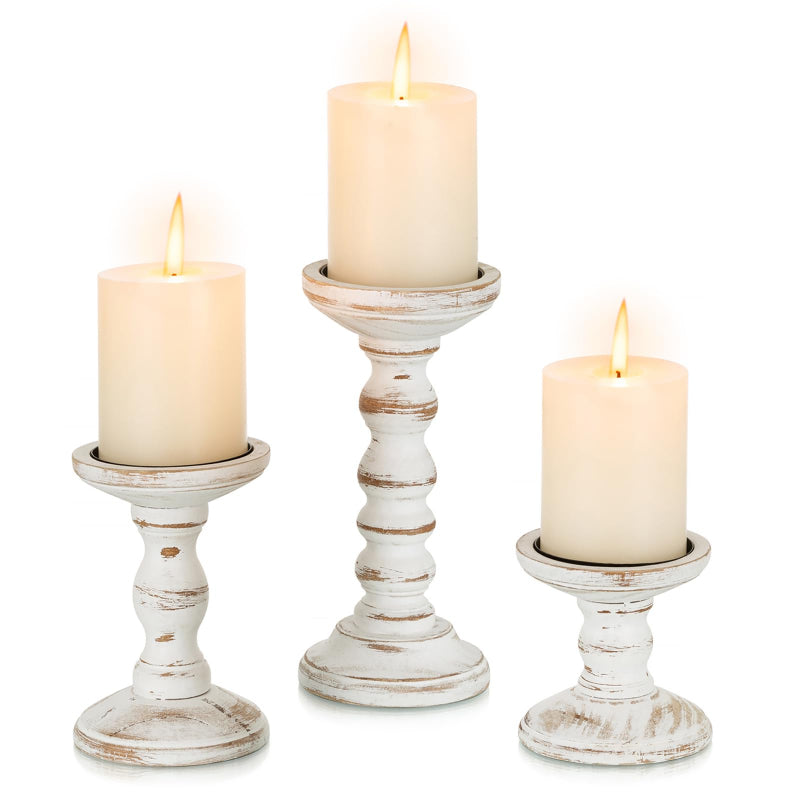 Rustic Farmhouse Candle Holders - Set of 3 Tall Whitewashed Wood Pillars