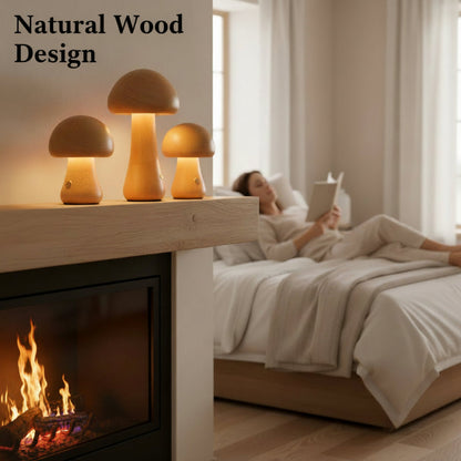 Nature-Inspired Wooden Mushroom LED Touch Lamp