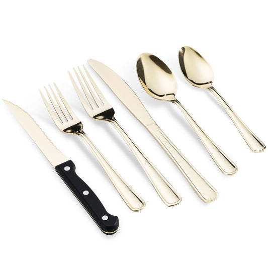 Juego de cubiertos de 24 piezas de acero inoxidable dorado champán con cuchillos para carne