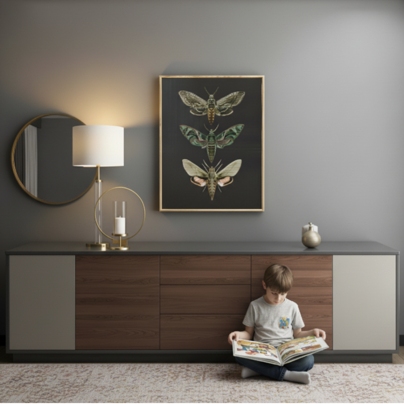 Child reading a book in a modern living room with a large cabinet, lamp, and wall art.