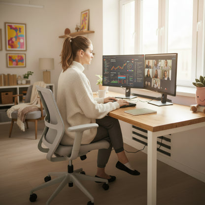 Woman working at a desk with two monitors in a bright room.