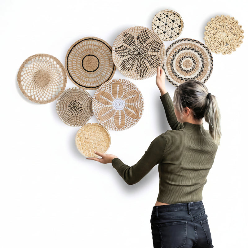 Handcrafted Boho Wall Basket Gallery 9 pc Set – Natural Woven Wall Décor
