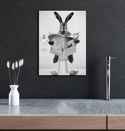 Black & White Annoyed Bathroom Rabbit Canvas Wall Art.