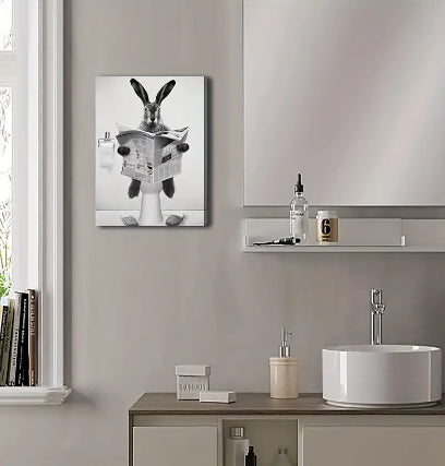 Black & White Annoyed Bathroom Rabbit Canvas Wall Art.