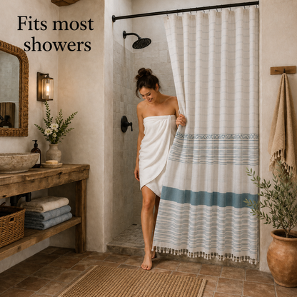 Boho Linen Look Shower Curtain with Hooks – Farmhouse Style Bathroom Set