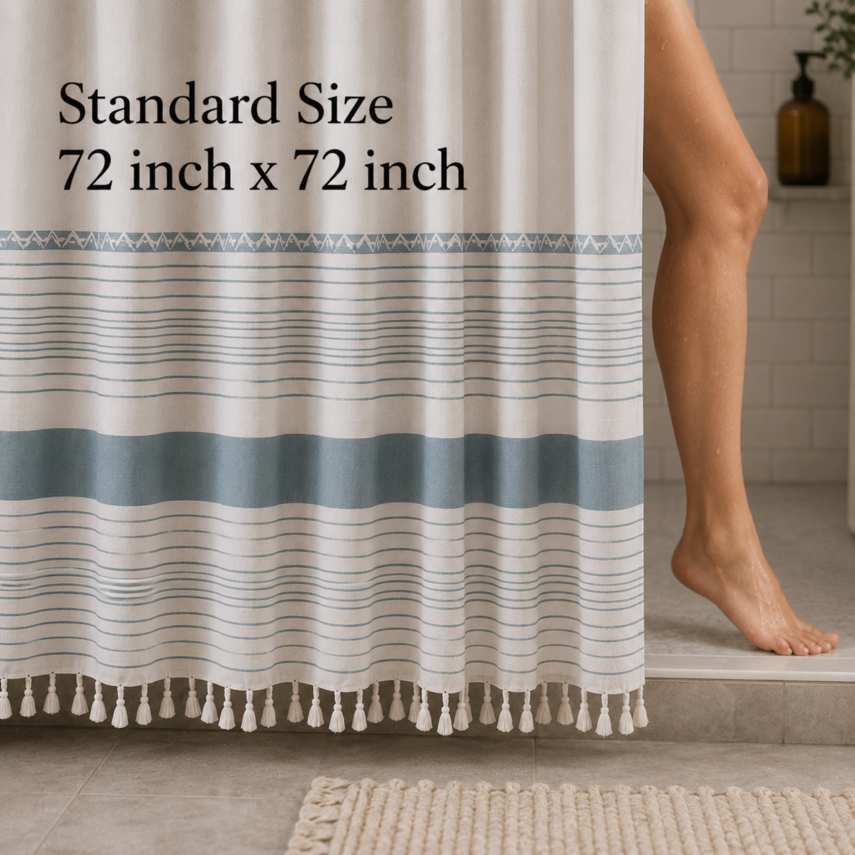 Boho Linen Look Shower Curtain with Hooks – Farmhouse Style Bathroom Set