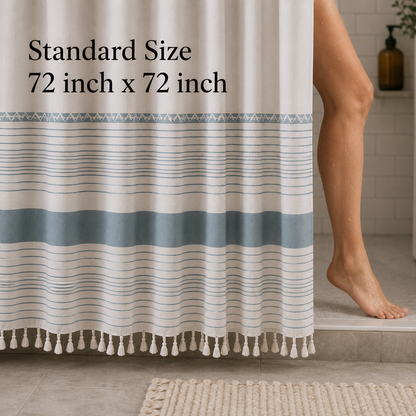 Boho Linen Look Shower Curtain with Hooks – Farmhouse Style Bathroom Set