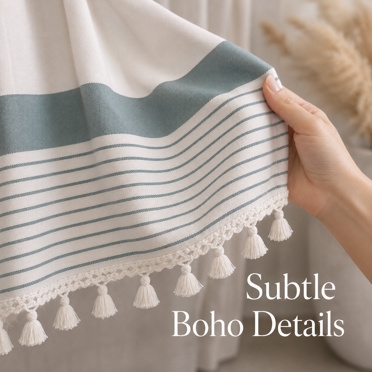 Boho Linen Look Shower Curtain with Hooks – Farmhouse Style Bathroom Set