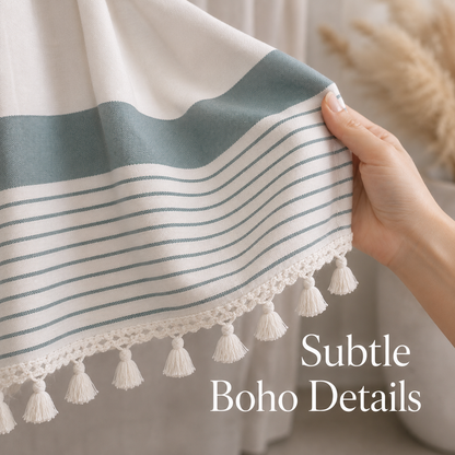 Boho Linen Look Shower Curtain with Hooks – Farmhouse Style Bathroom Set