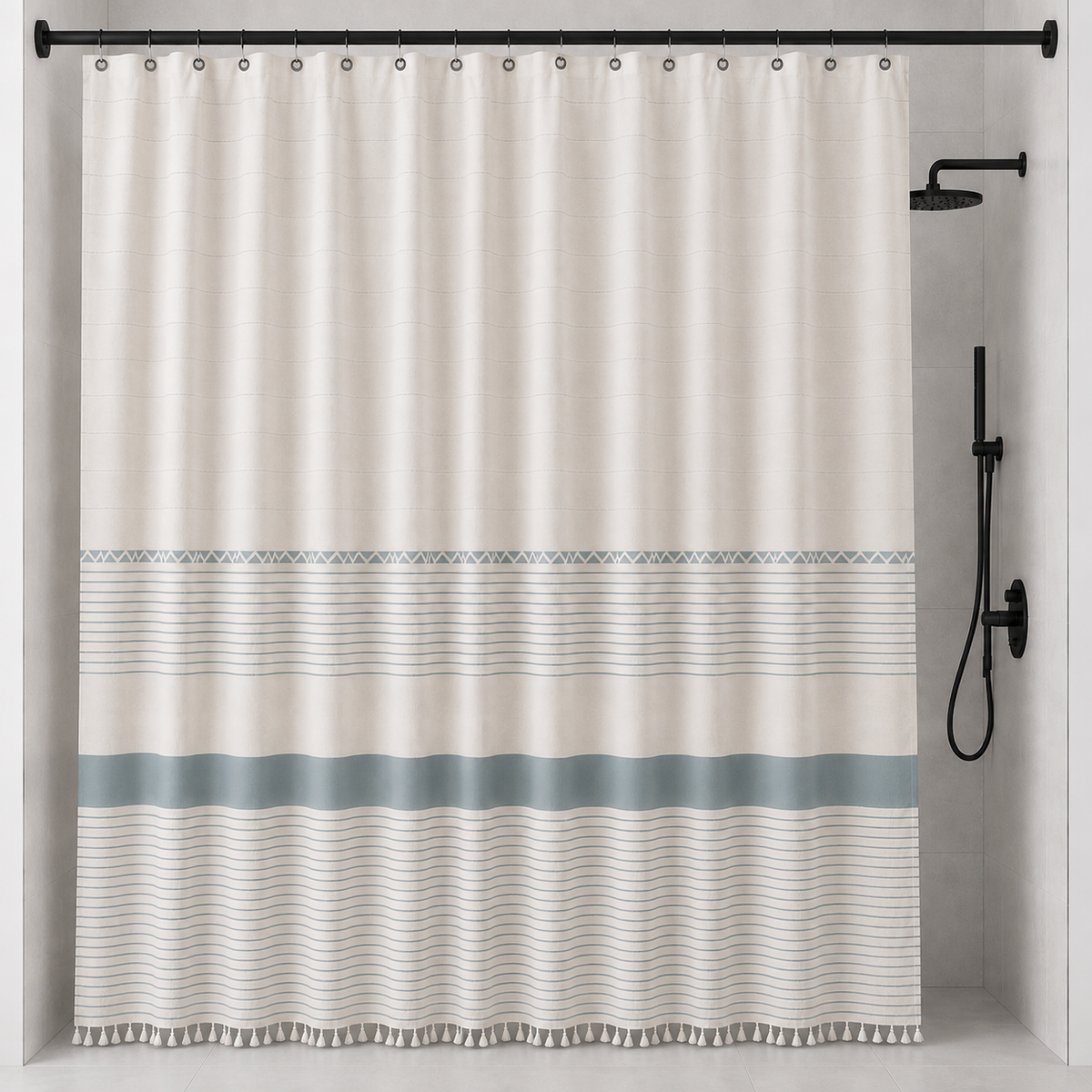 Boho Linen Look Shower Curtain with Hooks – Farmhouse Style Bathroom Set