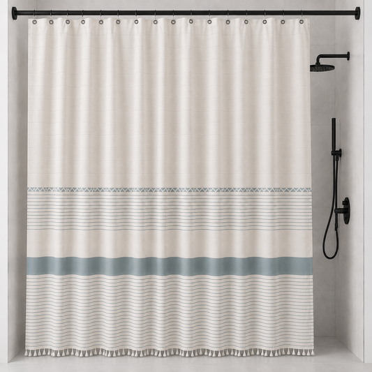 Cortina de Ducha Estilo Lino Boho con Ganchos – Juego de Baño Estilo Rústico