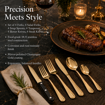 24-Piece Champagne Gold Stainless Steel Silverware Set with Steak Knives
