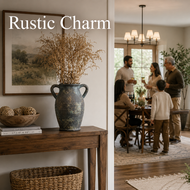 Rustic Terracotta Farmhouse Vase for Flowers, Branches, Pampas Grass