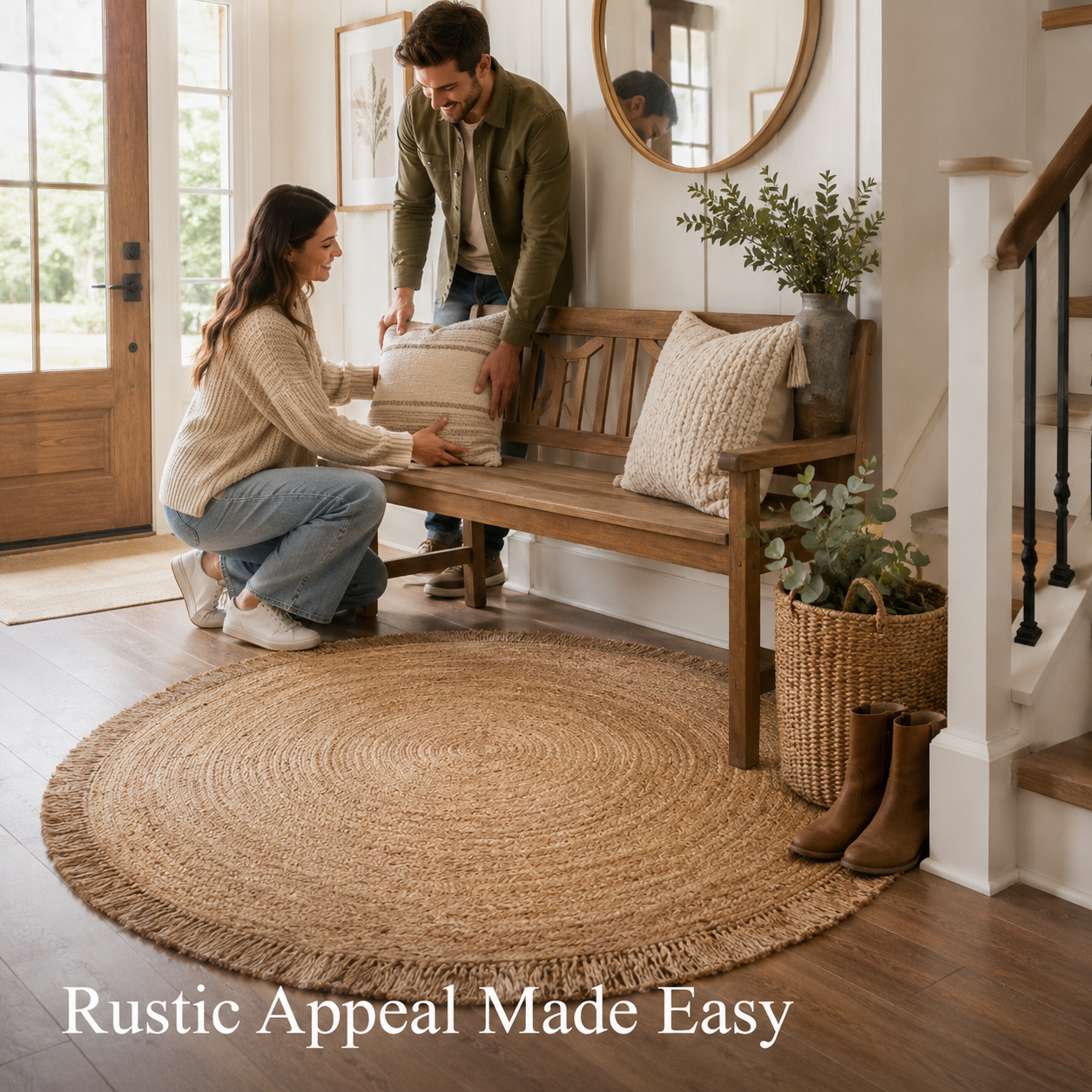 Round Woven Jute Area Rug - Fringed Natural Beauty