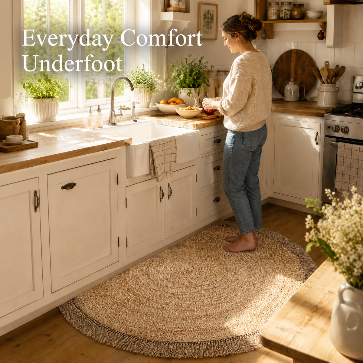 Round Woven Jute Area Rug - Fringed Natural Beauty