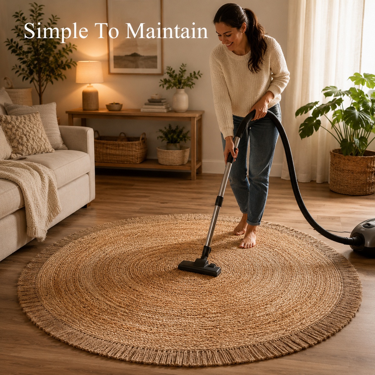 Round Woven Jute Area Rug - Fringed Natural Beauty
