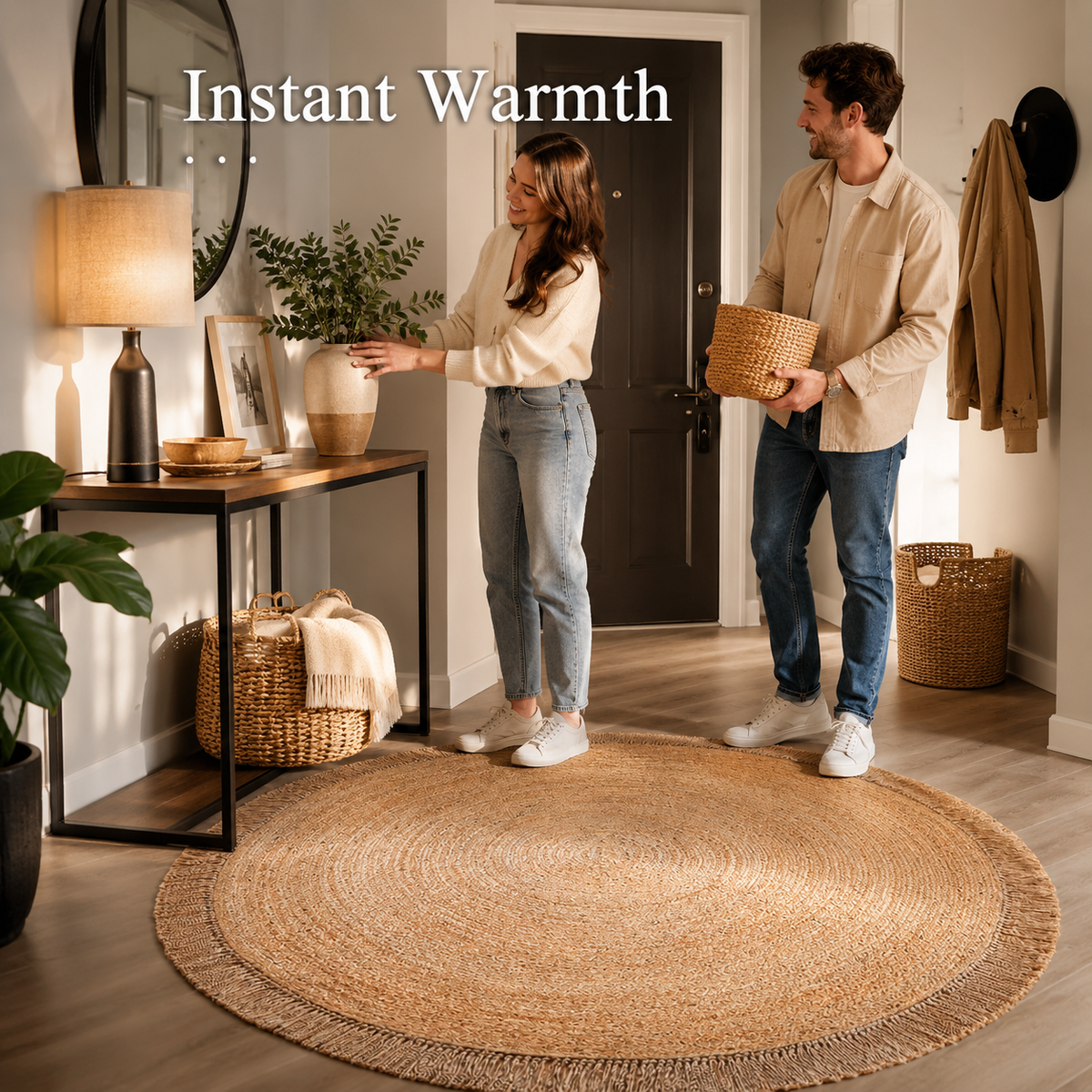 Round Woven Jute Area Rug - Fringed Natural Beauty