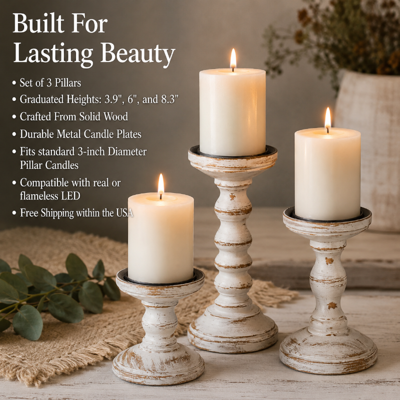 Rustic Farmhouse Candle Holders - Set of 3 Tall Whitewashed Wood Pillars