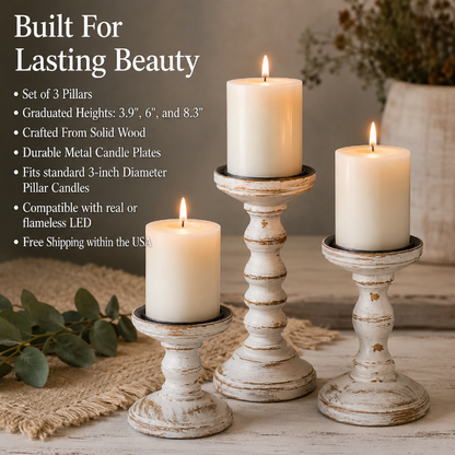 Rustic Farmhouse Candle Holders - Set of 3 Tall Whitewashed Wood Pillars