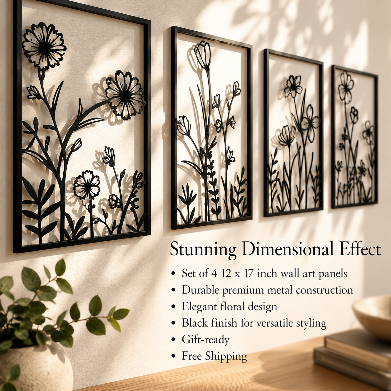Paneles de Arte de Pared Florales de Metal Negro - Decoración Botánica Minimalista de 4 Piezas