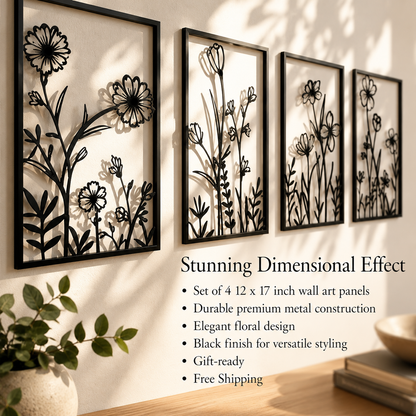 Paneles de Arte de Pared Florales de Metal Negro - Decoración Botánica Minimalista de 4 Piezas