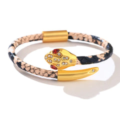 Copper & leather Snake Head Bracelet with Inlaid Zircon