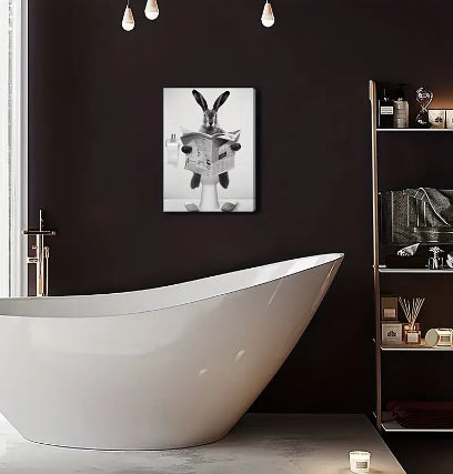 Black & White Annoyed Bathroom Rabbit Canvas Wall Art.