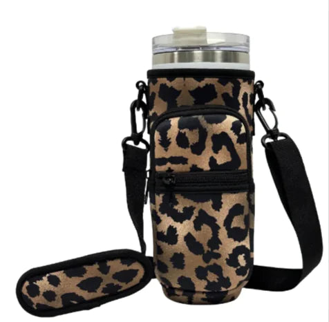 Printed Neoprene Water Bottle Holder with Strap & Pouch