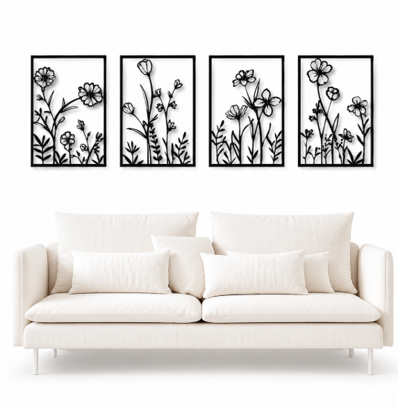 Paneles de Arte de Pared Florales de Metal Negro - Decoración Botánica Minimalista de 4 Piezas