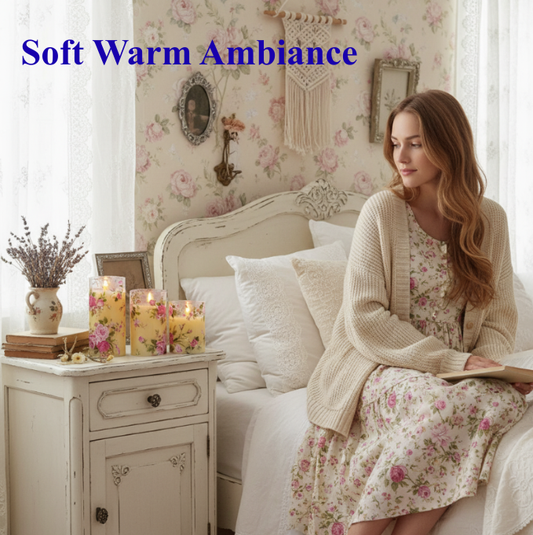 Flameless Rose Pattern LED Candle Set – 3 pc Cottage Core Ambience