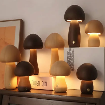 Nature-Inspired Wooden Mushroom LED Touch Lamp