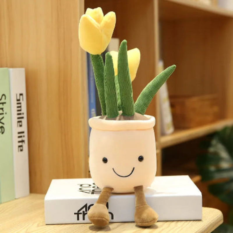 Plush toy yellow plant with a smiling face on a bookshelf
