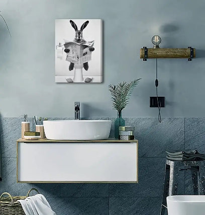 Black & White Annoyed Bathroom Rabbit Canvas Wall Art.