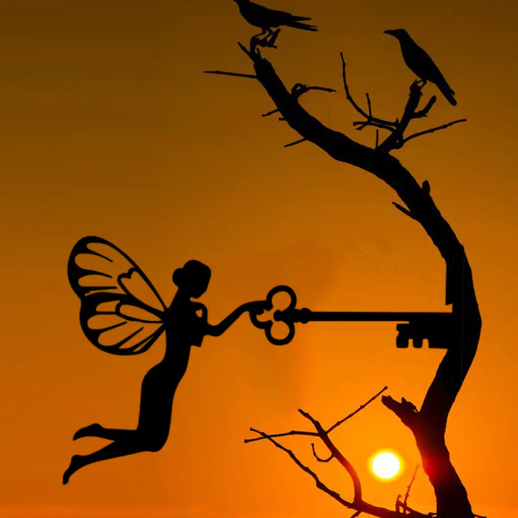 Enchanting Iron Fairy wall art for gardens, patios, or outdoor décor.