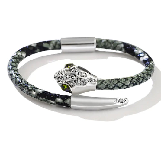 Copper & leather Snake Head Bracelet with Inlaid Zircon
