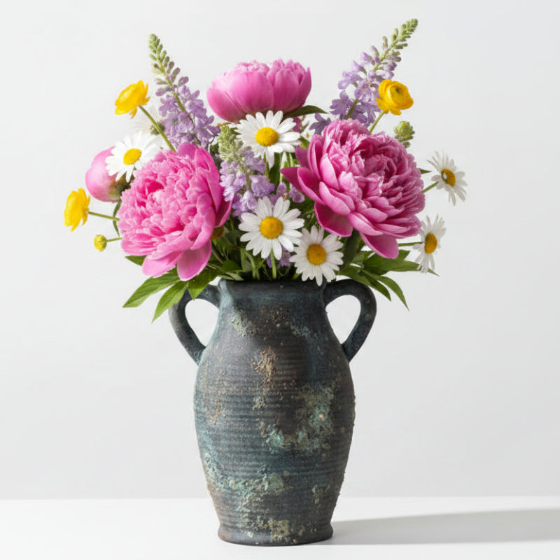 Rustic Terracotta Farmhouse Vase for Flowers, Branches, Pampas Grass