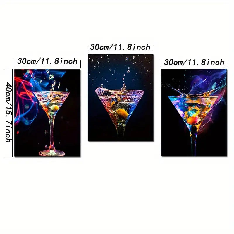 Colorful 3 pc Wine & Cocktails Canvas Prints Wall Art Set