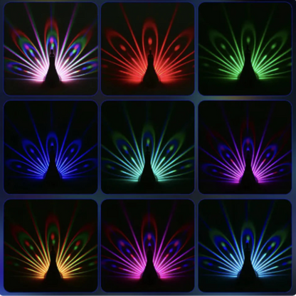 Grid of colorful peacock feather patterns on a dark background.