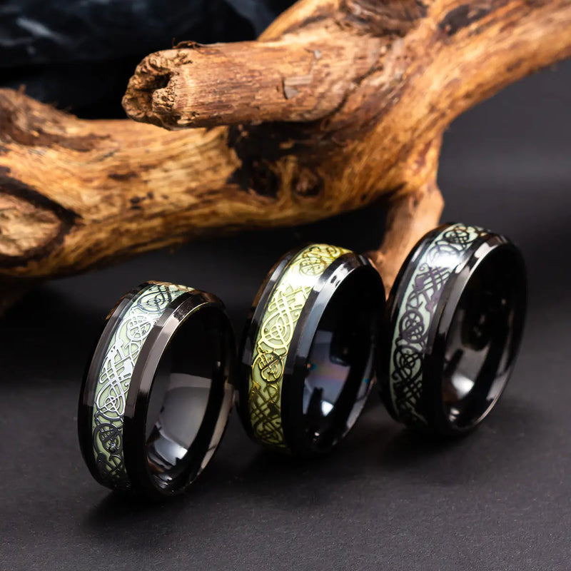 Fluorescent Black, Silver or Gold Celtic Style Dragon Pattern Plated Titanium Ring