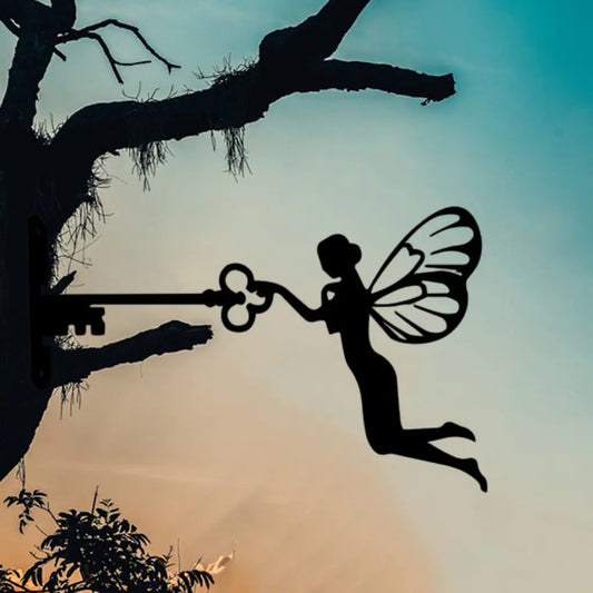 Enchanting Iron Fairy wall art for gardens, patios, or outdoor décor.
