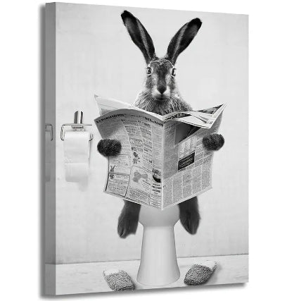 Black & White Annoyed Bathroom Rabbit Canvas Wall Art.
