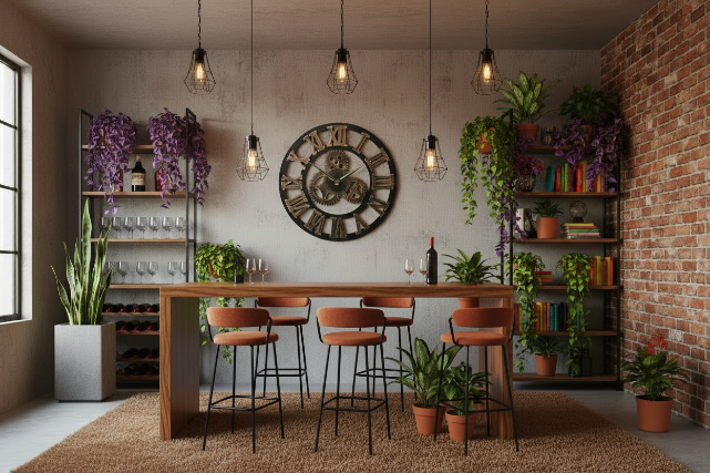 Warm industrial home bar with mechanical gear wall clock