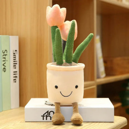 Plush toy pink plant with a smiling face.